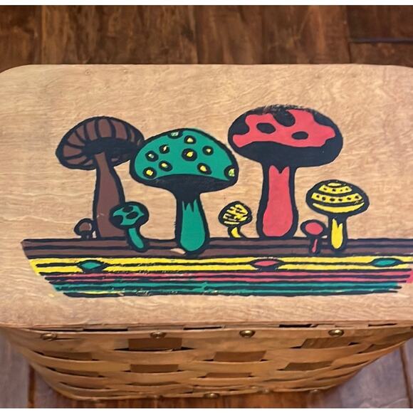 Mushroom Basket Purse Vintage Hand Painted Retro Kitsch Lined Made in Hong Kong - Picture 7 of 16